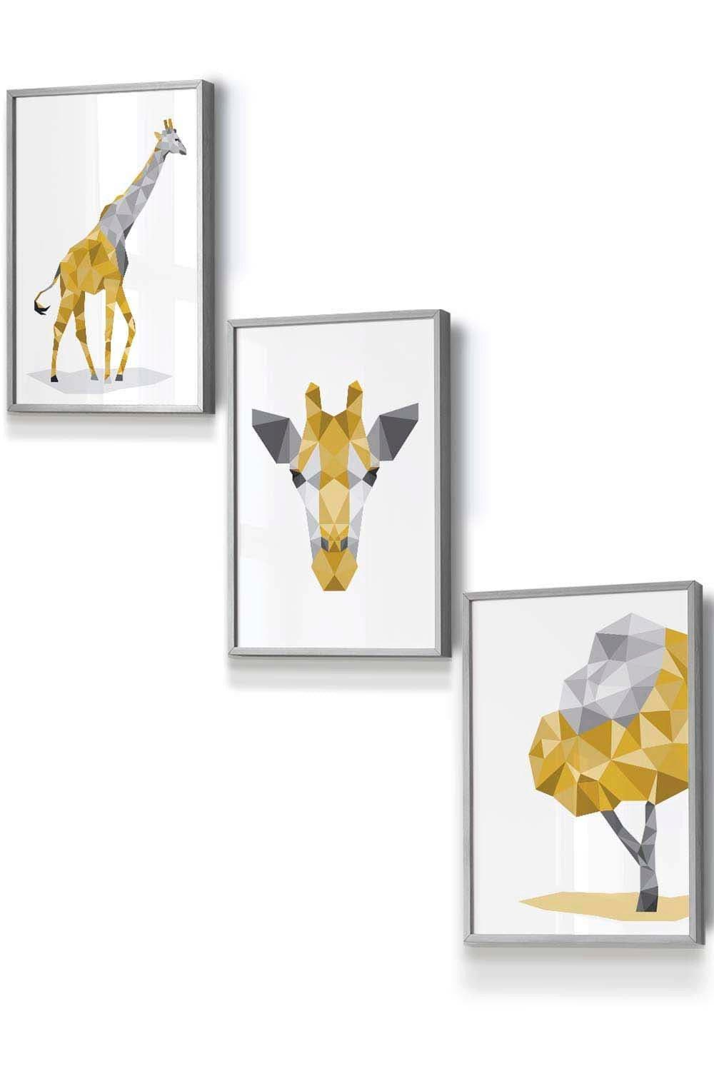 Geometric Yellow Grey Giraffe Set Framed Wall Art - Small